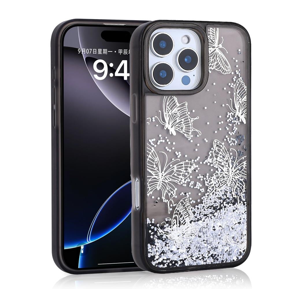 Apple iPhone 16 Pro Max Kılıf Sıvılı Simli Kelebek Baskılı Şeffaf Arka Yüzey Zore Glis Silikon Kapak