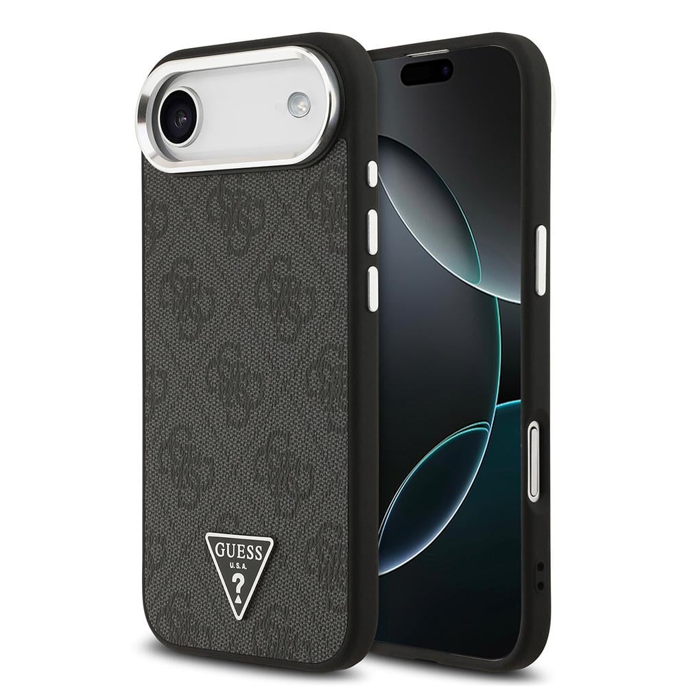 Apple iPhone 17 Air Kılıf Guess Orjinal Lisanslı M-safe Şarj Özellikli Gümüş Metal Kamera Çerçeveli Üçgen Logo 4G Desenli Kapak