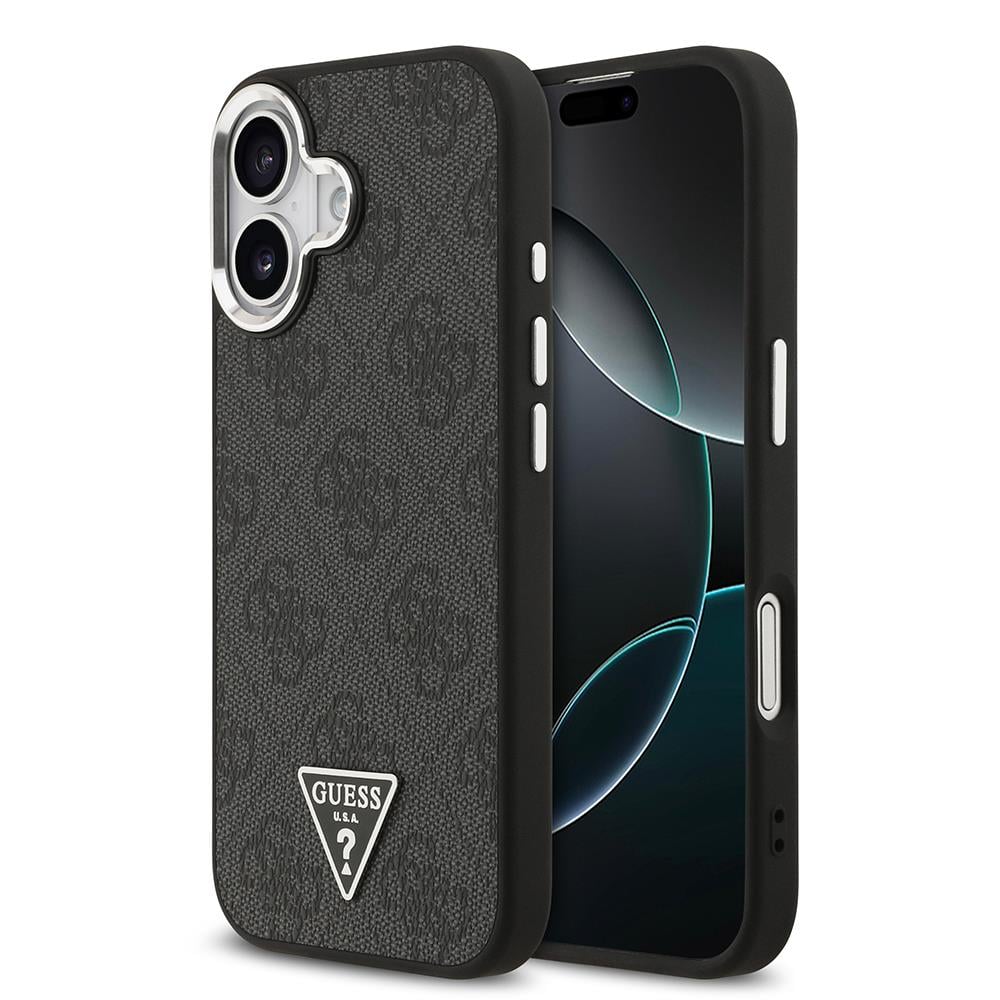 Apple iPhone 17 Kılıf Guess Orjinal Lisanslı M-safe Şarj Özellikli Gümüş Metal Kamera Çerçeveli Üçgen Logo 4G Desenli Kapak