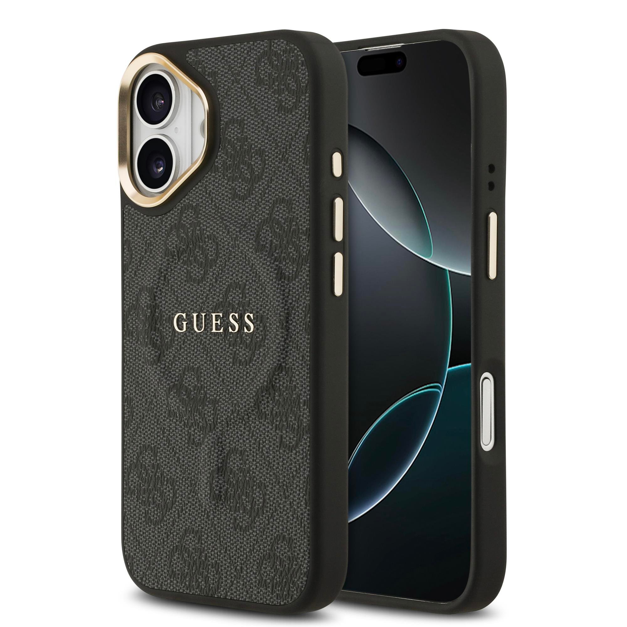 Apple iPhone 17 Kılıf Guess Orjinal Lisanslı M-safe Şarj Özellikli Gold Metal Kamera Çerçeveli PU Deri 4G Desenli Yazı Logolu Kapak