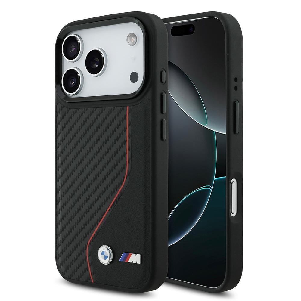 Apple iPhone 17 Pro Kılıf BMW Orjinal Lisanslı M-safe Şarj Özellikli Metal BMW ve M Logolu PU Karbon Tasarımlı Kapak