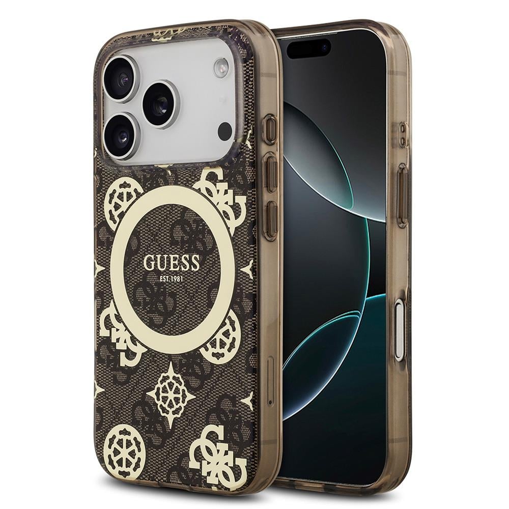 Apple iPhone 17 Pro Kılıf Guess Orjinal Lisanslı M-safe Şarj Özellikli IML Peony ve 4G Desenli Klasik Logolu Kapak