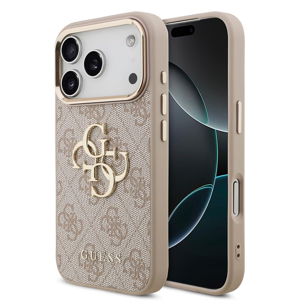 Apple iPhone 17 Pro Kılıf Guess Orjinal Lisanslı Gold Metal Kamera Çerçeveli 4G Desenli Metal Büyük 4G ve Yazı Logolu Kapak