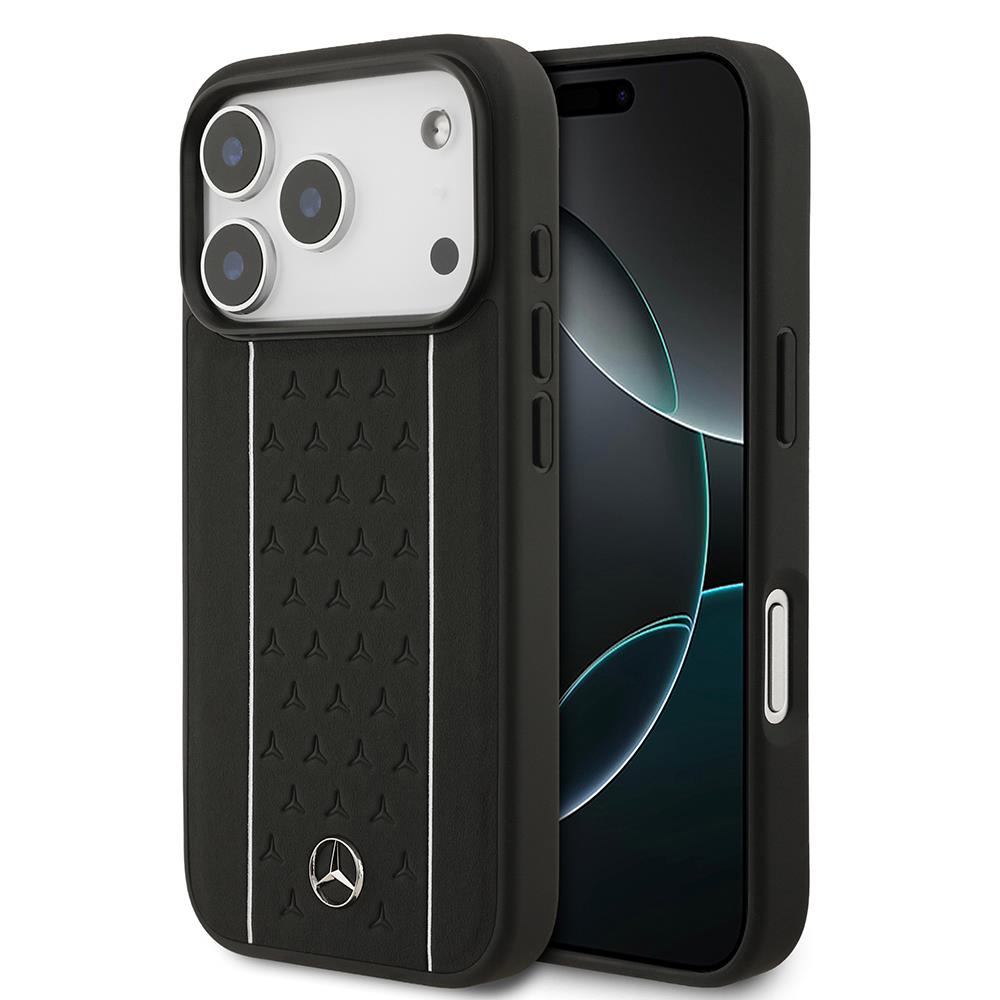 Apple iPhone 17 Pro Kılıf Mercedes Benz Orjinal Lisanslı M-safe Şarj Özellikli Şeritli Yıldız Desenli Metal Logolu Deri Kapak