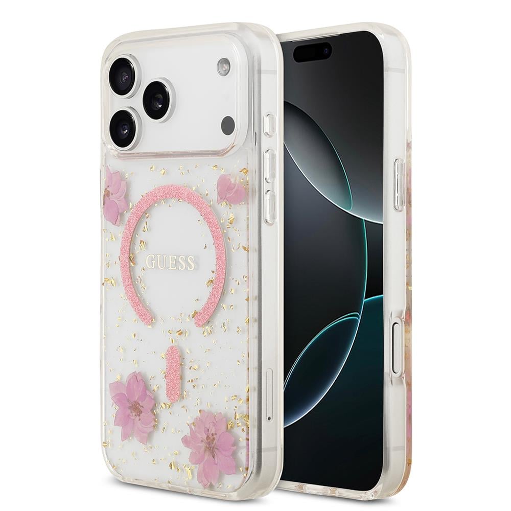 Apple iPhone 17 Pro Max Kılıf Guess Orjinal Lisanslı M-safe Şarj Özellikli Transparan Resin Flowers Kapak