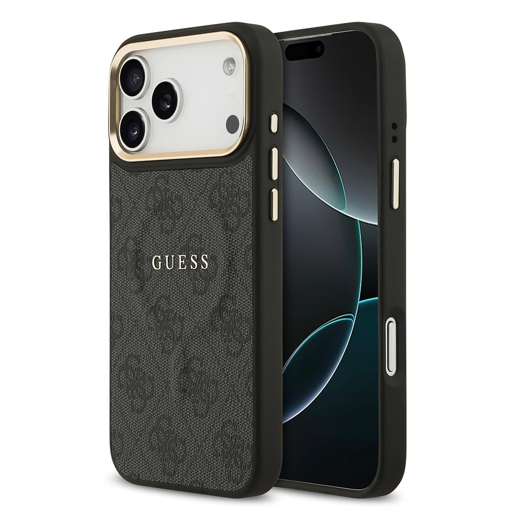 Apple iPhone 17 Pro Max Kılıf Guess Orjinal Lisanslı M-safe Şarj Özellikli Gold Metal Kamera Çerçeveli PU Deri 4G Desenli Yazı Logolu Kapak
