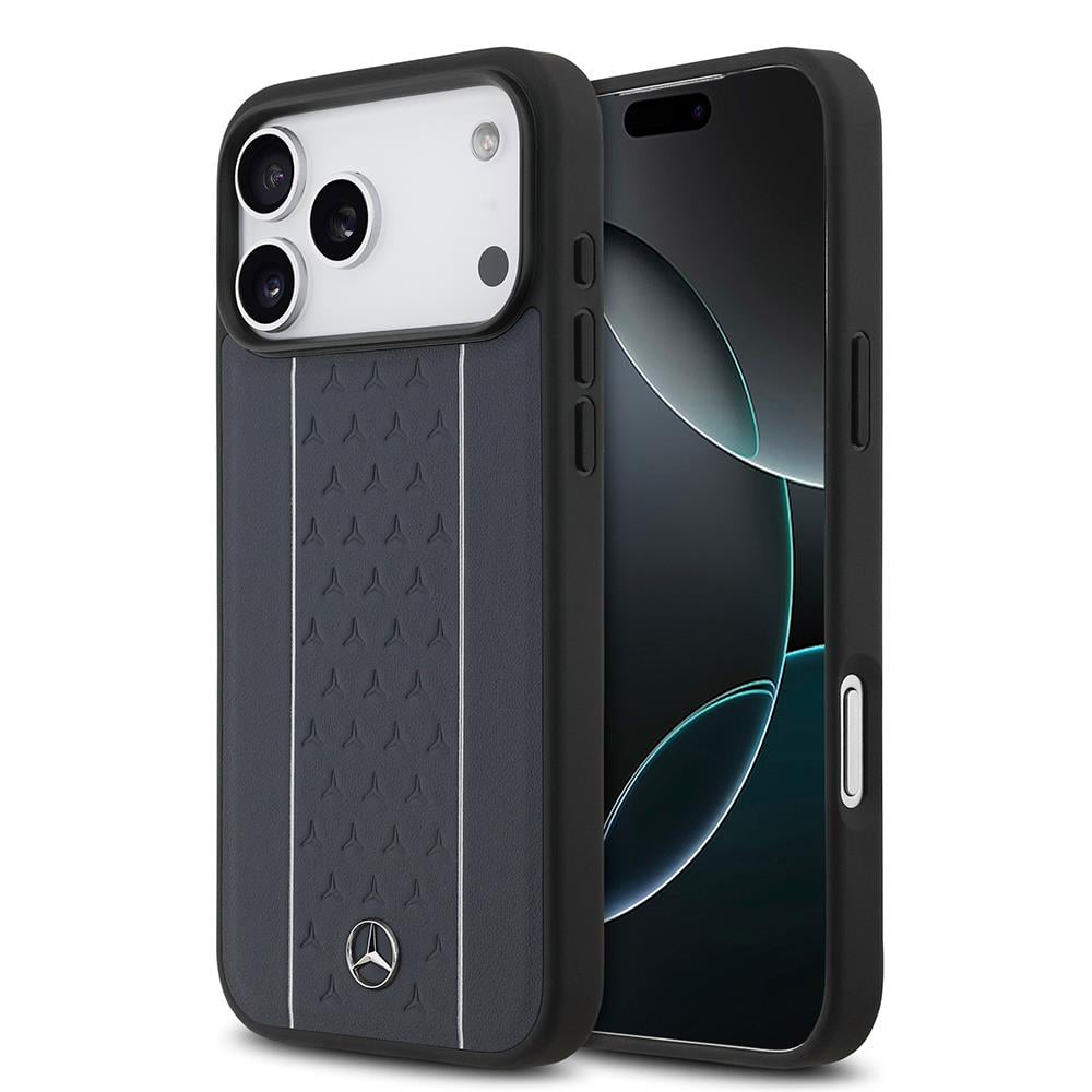 Apple iPhone 17 Pro Max Kılıf Mercedes Benz Orjinal Lisanslı M-safe Şarj Özellikli Şeritli Yıldız Desenli Metal Logolu Deri Kapak