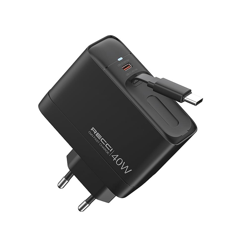 Recci RC102E GaN Teknolojili Hızlı Şarj Başlığı USB-A to Type-C PD 40W Type-C Kablolu Şarj Seti
