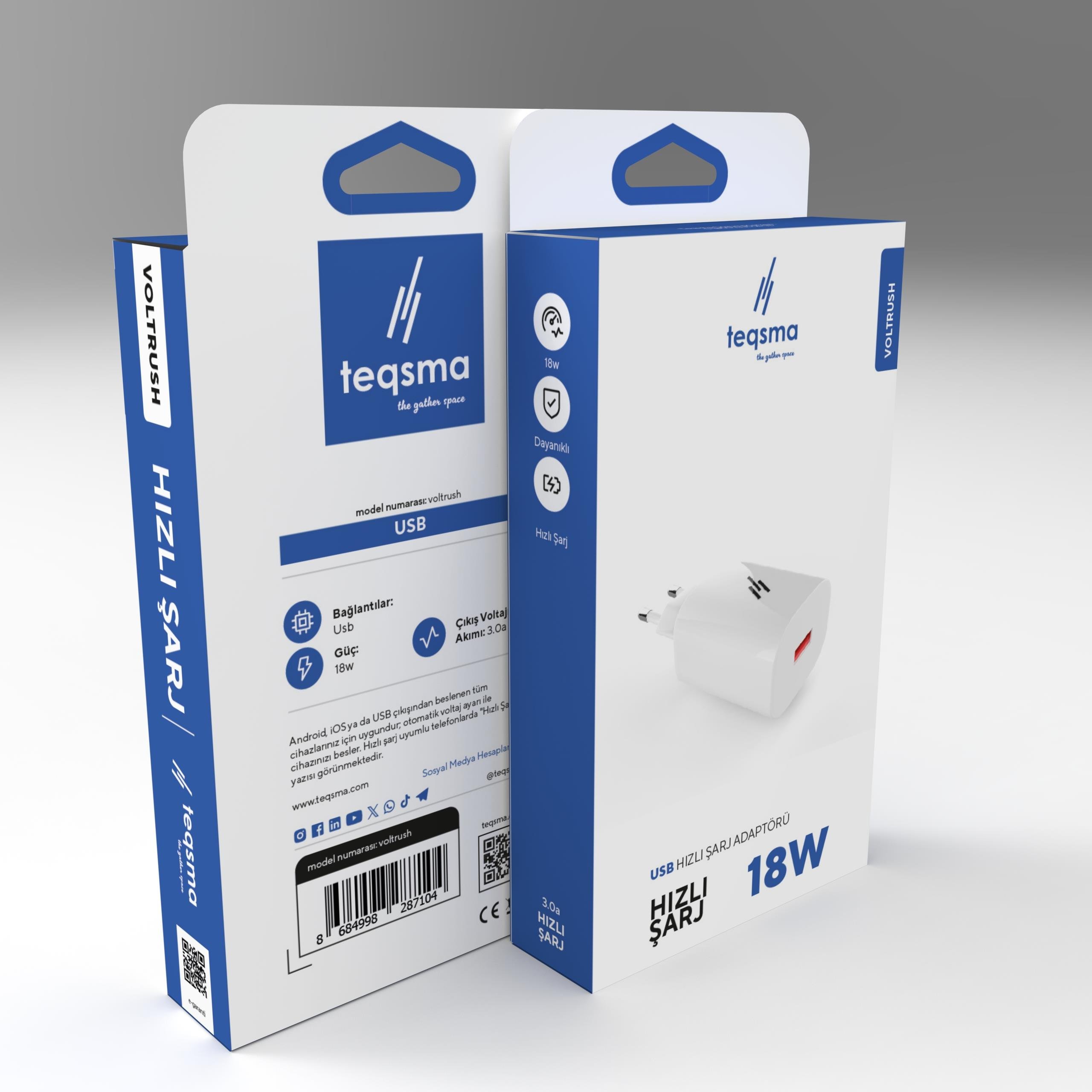 TEQSMA VOLTRUSH USB Hızlı Şarj Adaptörü 18W 10'lu Koli