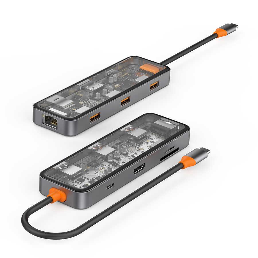 Wiwu CB008 Cyber 8 in 1 Type-C Hub 100W Şarj Destekli Şeffaf Görünümlü SD Kart-RJ45-Hdmi-Usb Çoğaltıcı