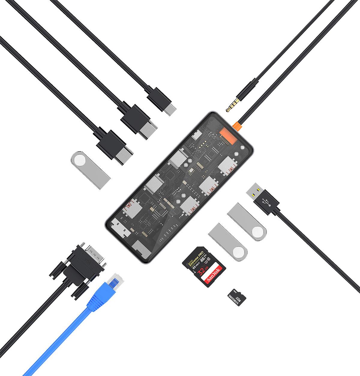 Wiwu CB012 Cyber 12 in 1 Type-C Hub 100W Şarj Destekli Şeffaf Görünümlü SD Kart-RJ45-Hdmi-VGA-Usb Çoğaltıcı