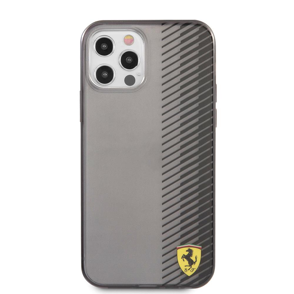 Apple iPhone 12 Pro Max Kılıf Ferrari Orjinal Lisanlı Klasik Metal Logolu Transparan Çizgi Desenli Gradient Kapak