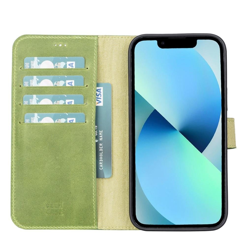 Apple iPhone 13 Pro Max Uyumlu Deri Cüzdanlı Kılıf Antik yeşil