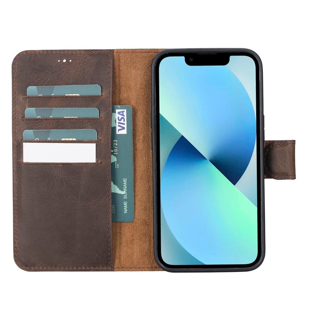 Apple iPhone 13 Uyumlu Deri Cüzdanlı Kılıf G6 Kahverengi