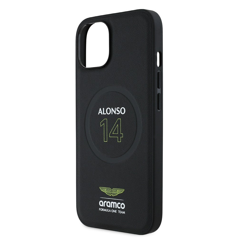 Apple iPhone 14 Kılıf Aston Martin Orjinal Lisanslı M-safe Şarj Özellikli PU Deri Alonso 14 Baskılı Kapak