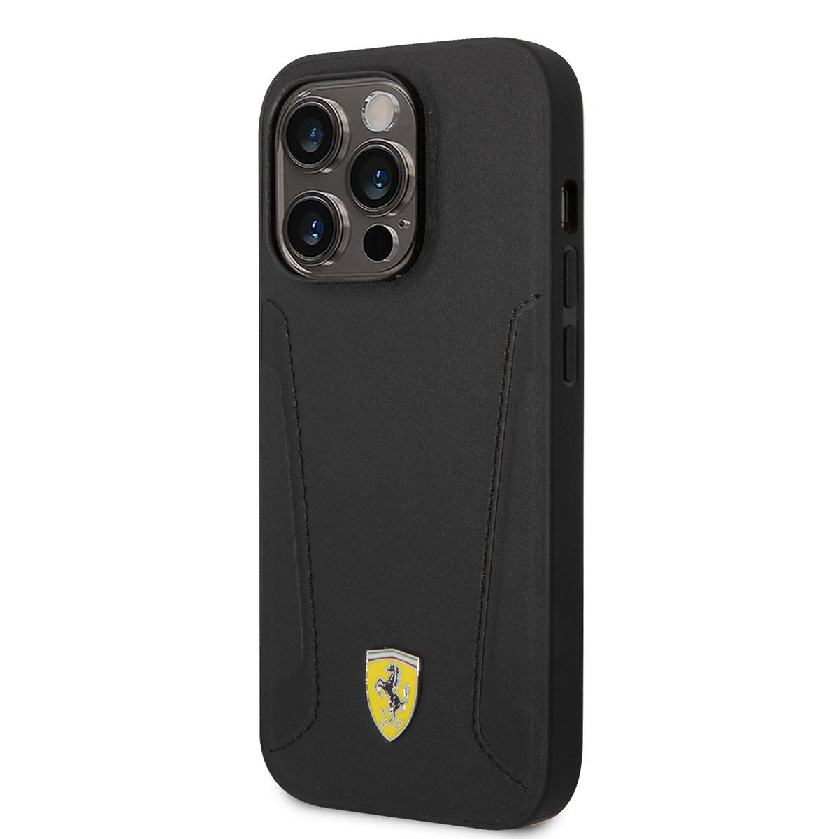 Apple iPhone 14 Pro Kılıf Ferrari M-safe Şarj Özellikli Deri Kenarları Damgalı Dizayn Kapak