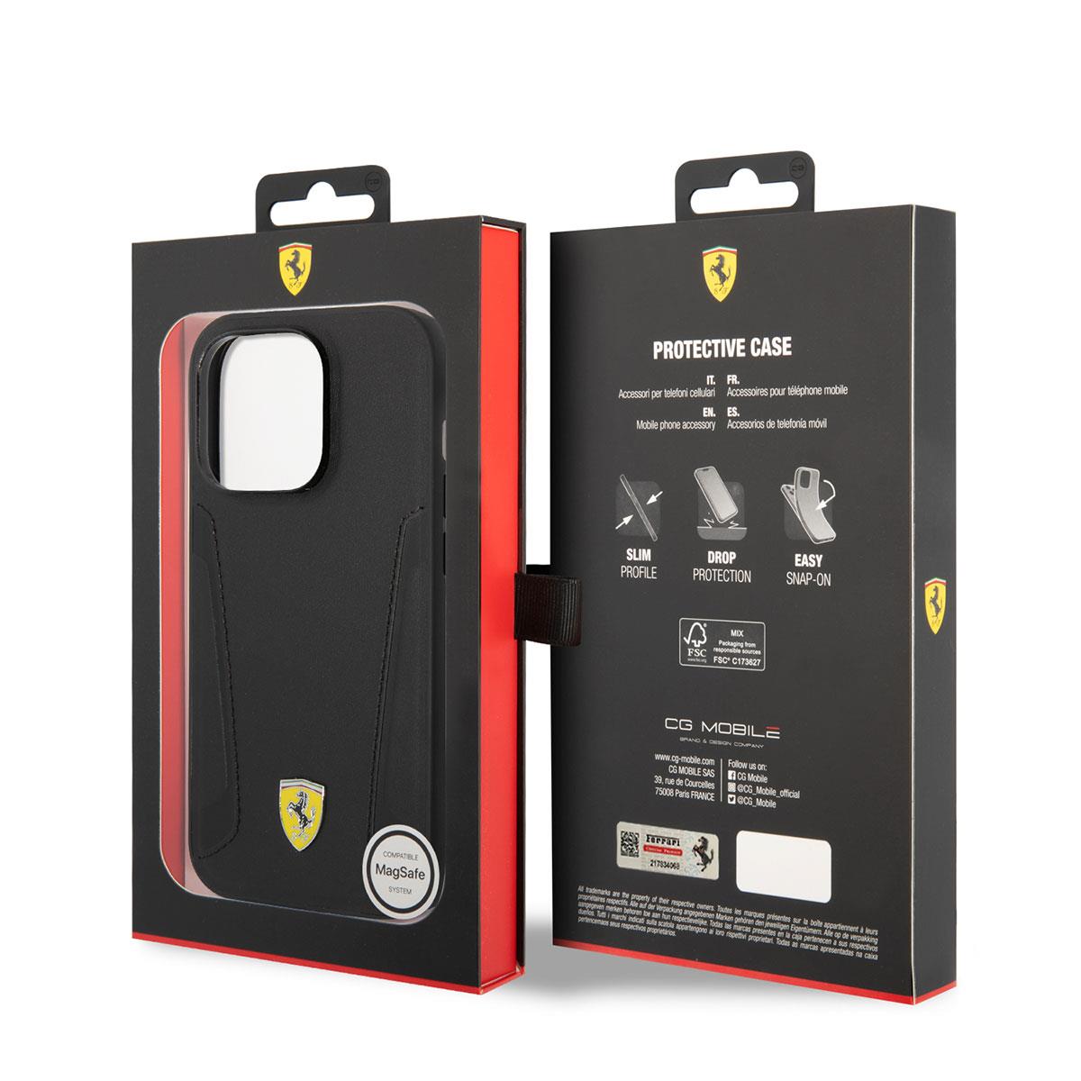 Apple iPhone 14 Pro Kılıf Ferrari M-safe Şarj Özellikli Deri Kenarları Damgalı Dizayn Kapak