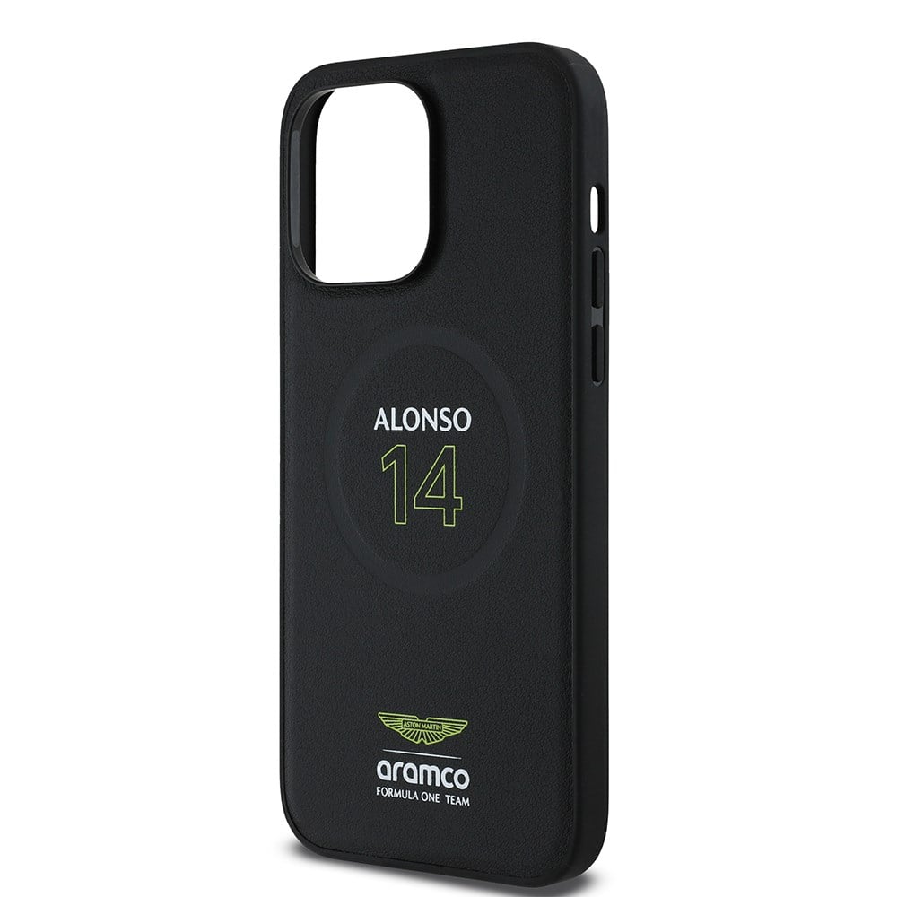 Apple iPhone 14 Pro Max Kılıf Aston Martin Orjinal Lisanslı M-safe Şarj Özellikli PU Deri Alonso 14 Baskılı Kapak