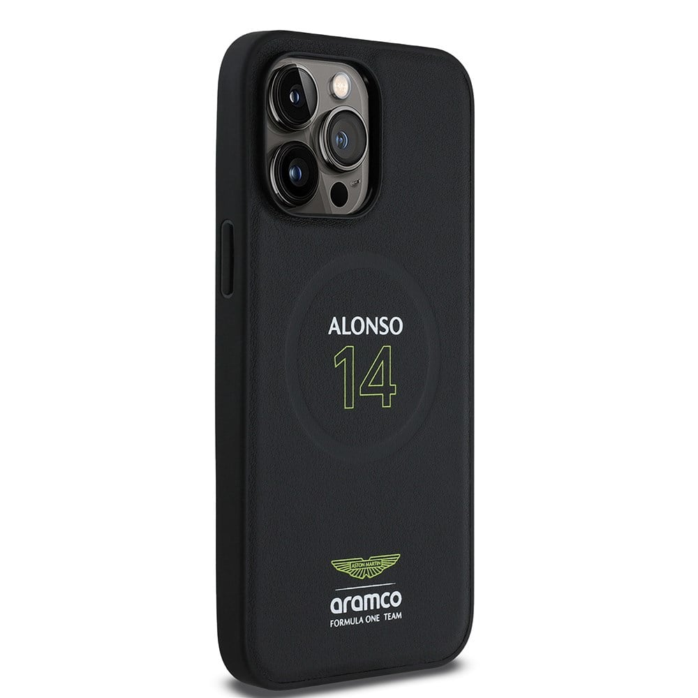 Apple iPhone 14 Pro Max Kılıf Aston Martin Orjinal Lisanslı M-safe Şarj Özellikli PU Deri Alonso 14 Baskılı Kapak