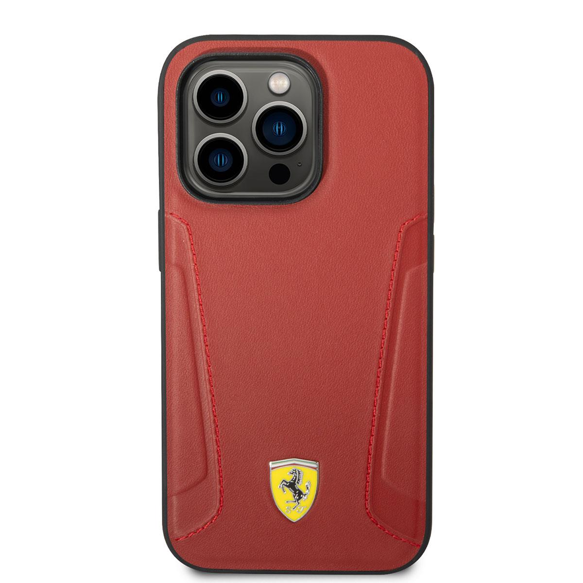Apple iPhone 14 Pro Max Kılıf Ferrari M-safe Şarj Özellikli Deri Kenarları Damgalı Dizayn Kapak