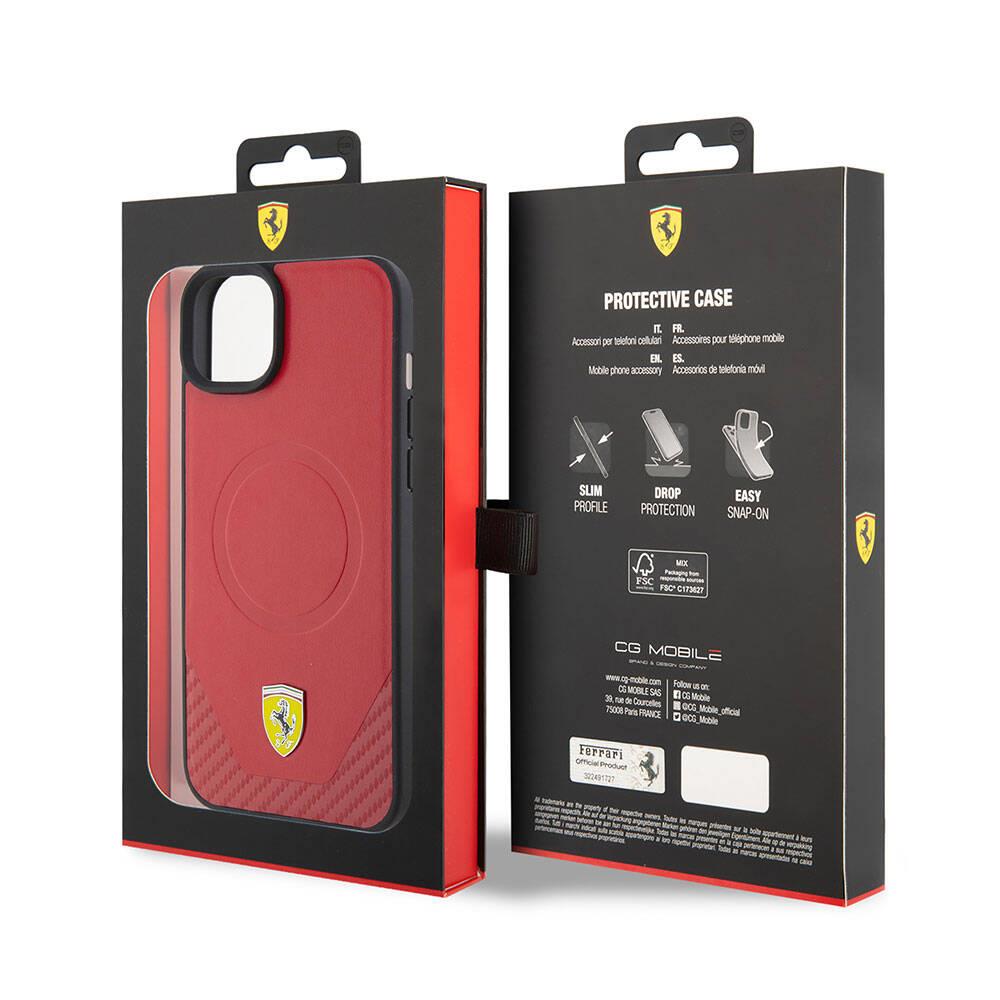 Apple iPhone 15 Plus Kılıf Ferrari Orjinal Lisanslı M-safe Şarj Özellikli Metal Logolu PU Karbon Kapak