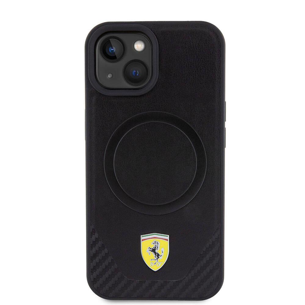 Apple iPhone 15 Plus Kılıf Ferrari Orjinal Lisanslı M-safe Şarj Özellikli Metal Logolu PU Karbon Kapak