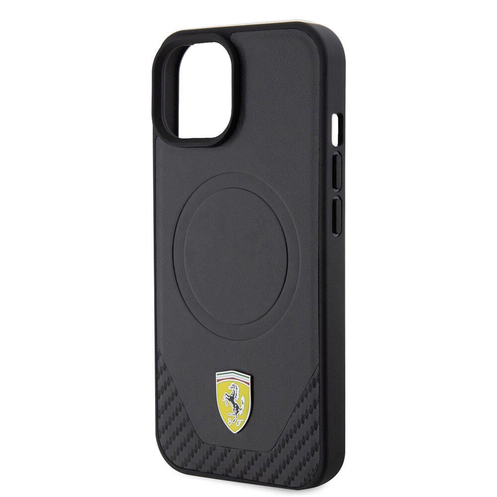 Apple iPhone 15 Plus Kılıf Ferrari Orjinal Lisanslı M-safe Şarj Özellikli Metal Logolu PU Karbon Kapak