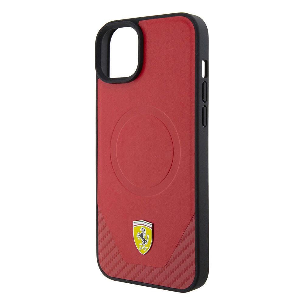 Apple iPhone 15 Plus Kılıf Ferrari Orjinal Lisanslı M-safe Şarj Özellikli Metal Logolu PU Karbon Kapak