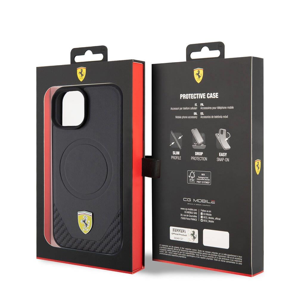 Apple iPhone 15 Plus Kılıf Ferrari Orjinal Lisanslı M-safe Şarj Özellikli Metal Logolu PU Karbon Kapak