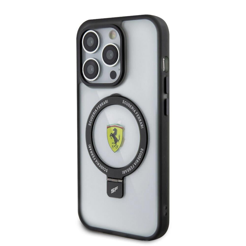 Apple iPhone 15 Pro Kılıf Ferrari M-safe Şarj Özellikli Standlı Buzlu Yüzey Dizayn Kapak