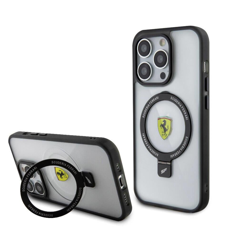 Apple iPhone 15 Pro Kılıf Ferrari M-safe Şarj Özellikli Standlı Buzlu Yüzey Dizayn Kapak