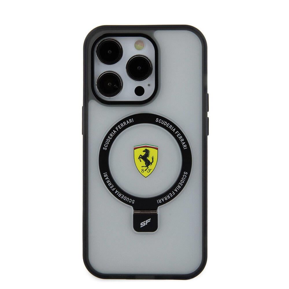 Apple iPhone 15 Pro Kılıf Ferrari M-safe Şarj Özellikli Standlı Buzlu Yüzey Dizayn Kapak