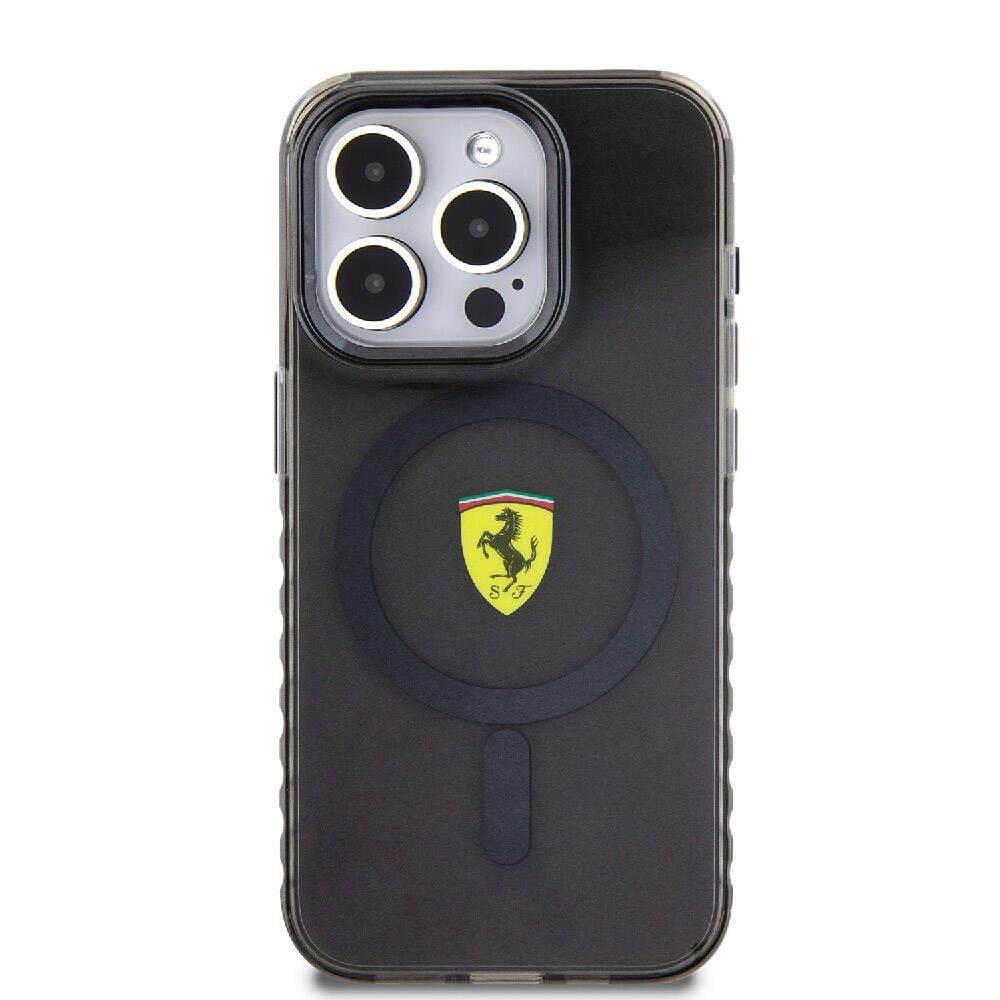 Apple iPhone 15 Pro Kılıf Ferrari Orjinal Lisanslı M-safe Şarj Özellikli Tırtıklı Kenar Tasarımlı Ortalanmış Logo Kapak