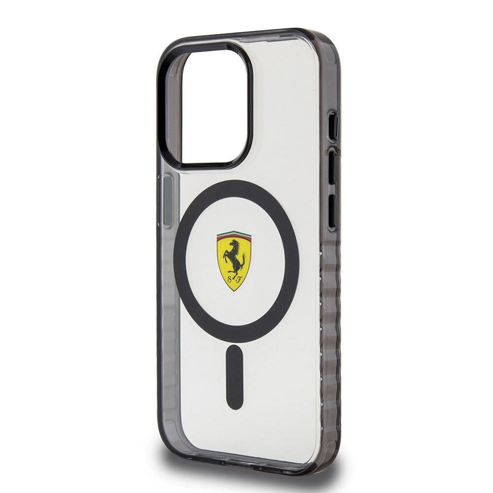 Apple iPhone 15 Pro Kılıf Ferrari Orjinal Lisanslı M-safe Şarj Özellikli Tırtıklı Kenar Tasarımlı Ortalanmış Logo Kapak