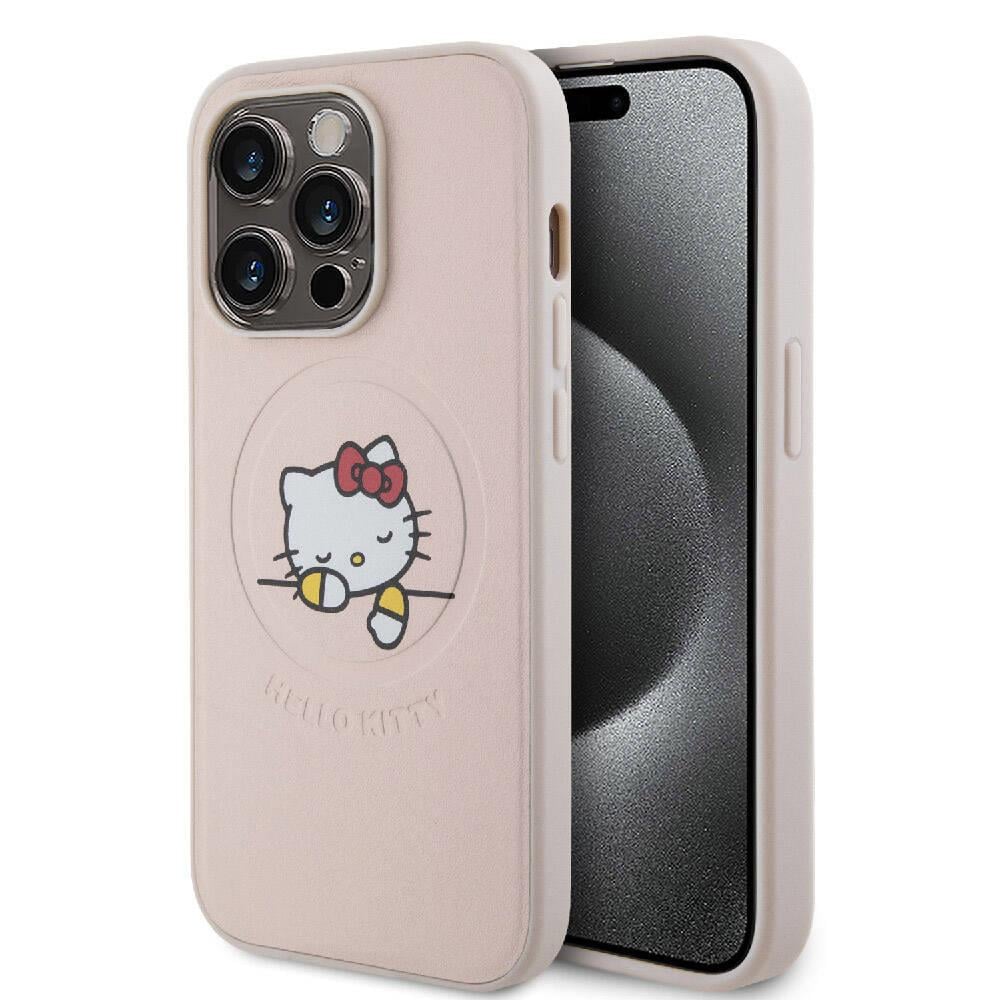 Apple iPhone 15 Pro Kılıf Hello Kitty Orjinal Lisanslı M-safe Şarj Özellikli Baskı Logolu Uyuyan Kitty Deri Kapak