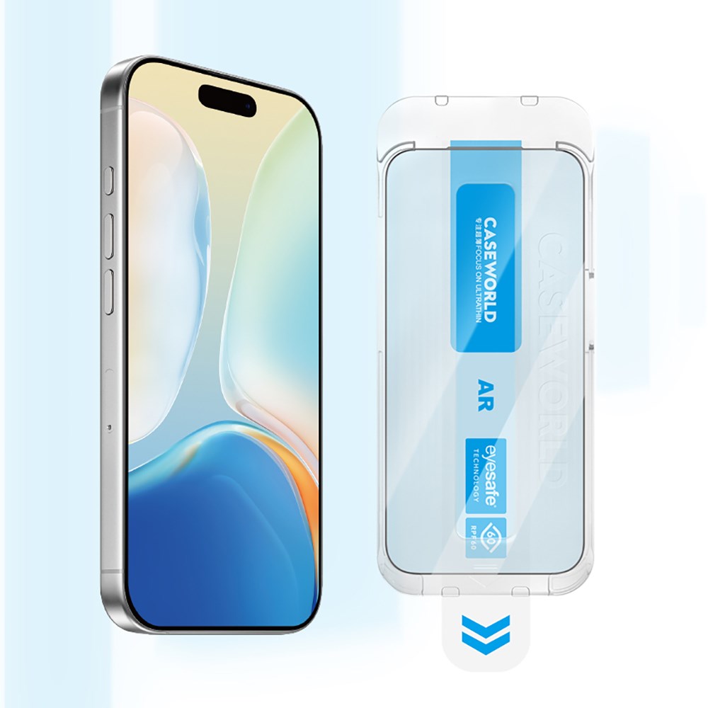 Apple iPhone 15 Pro Max CaseWorld Applicator Serisi 2.5D Eyesafe Mavi Işık Teknolojili Safir 0.33mm Temperli Cam Ekran Koruyucu + Uygulama Aparatı