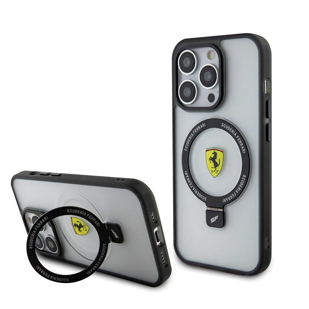 Apple iPhone 15 Pro Max Kılıf Ferrari M-safe Şarj Özellikli Standlı Buzlu Yüzey Dizayn Kapak