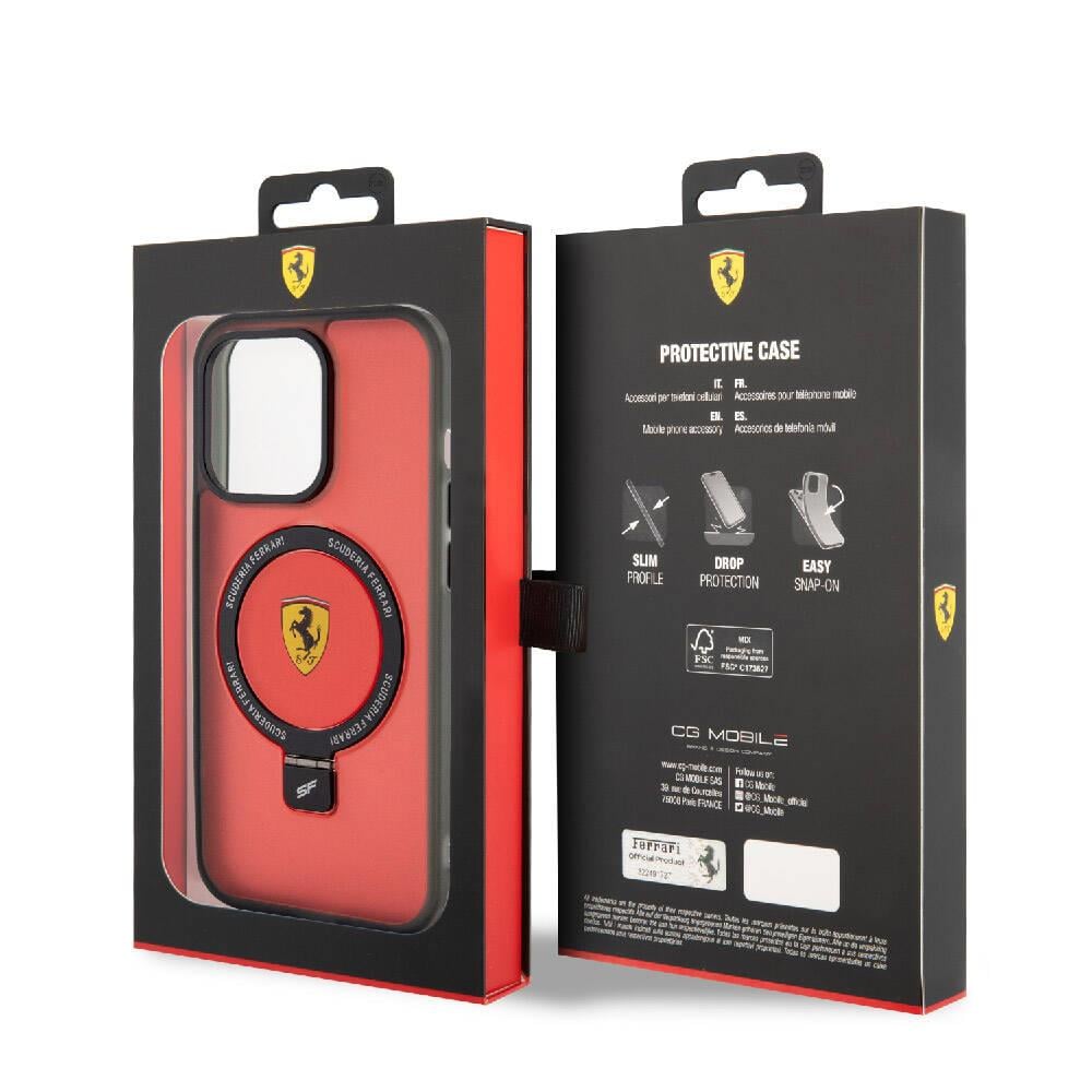 Apple iPhone 15 Pro Max Kılıf Ferrari M-safe Şarj Özellikli Standlı Buzlu Yüzey Dizayn Kapak