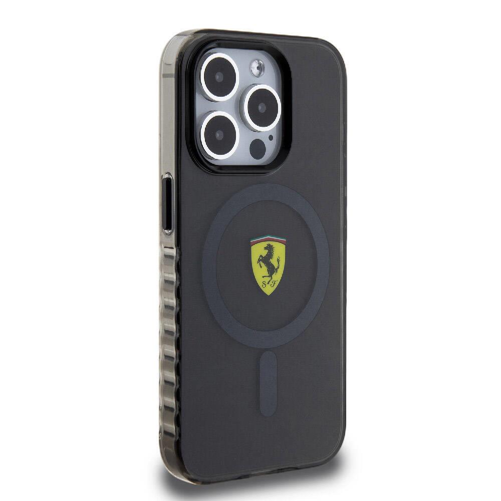Apple iPhone 15 Pro Max Kılıf Ferrari Orjinal Lisanslı M-safe Şarj Özellikli Tırtıklı Kenar Tasarımlı Ortalanmış Logo Kapak