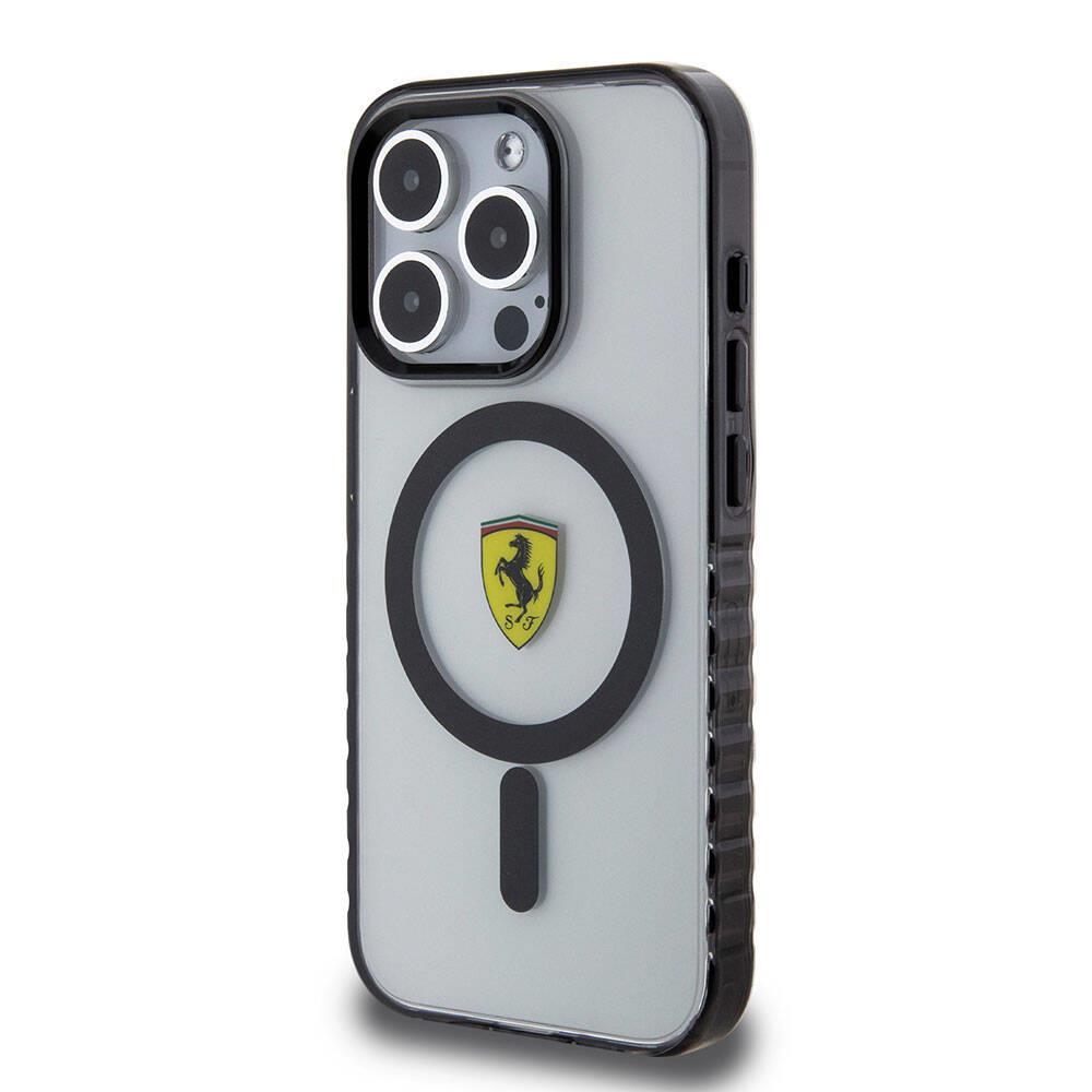 Apple iPhone 15 Pro Max Kılıf Ferrari Orjinal Lisanslı M-safe Şarj Özellikli Tırtıklı Kenar Tasarımlı Ortalanmış Logo Kapak
