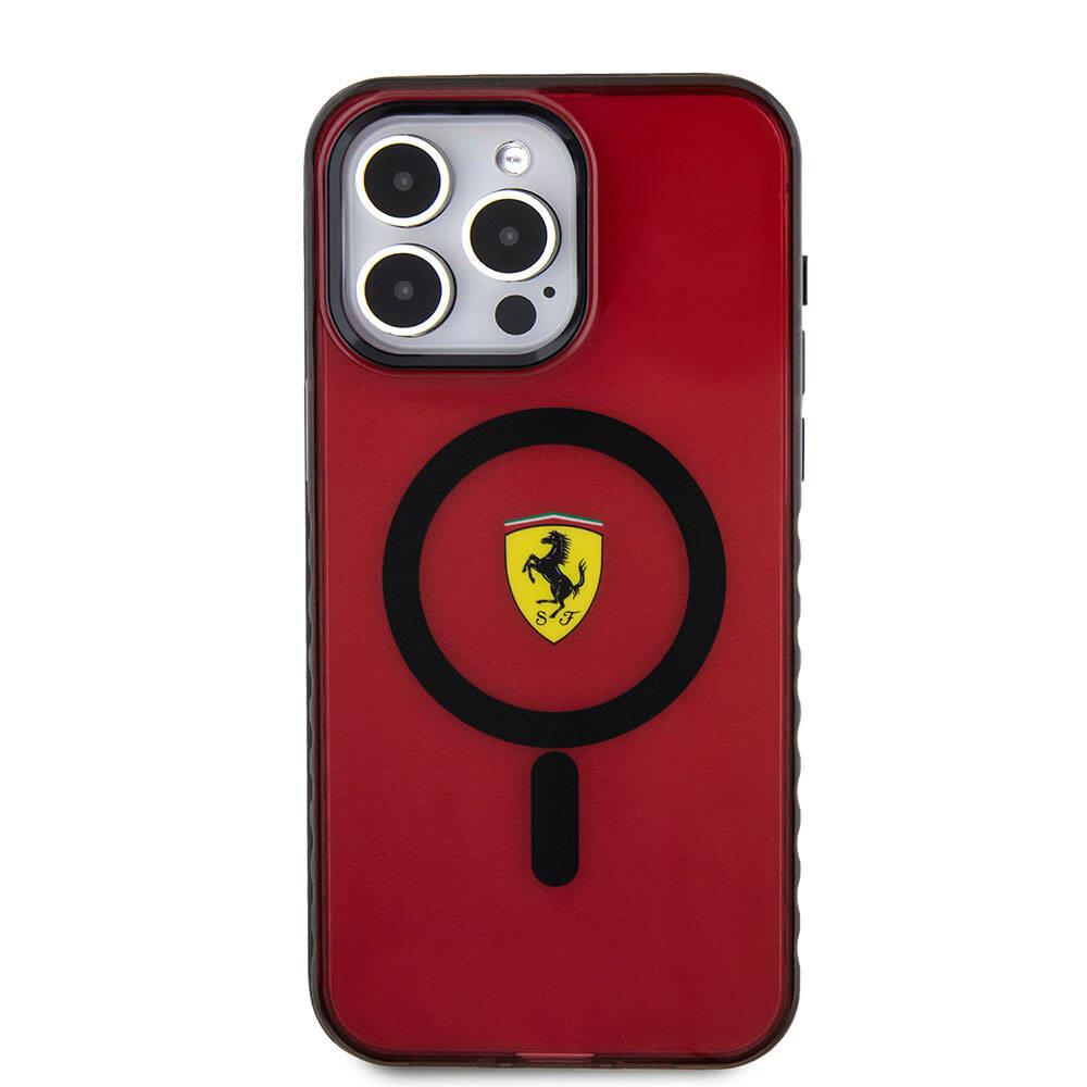 Apple iPhone 15 Pro Max Kılıf Ferrari Orjinal Lisanslı M-safe Şarj Özellikli Tırtıklı Kenar Tasarımlı Ortalanmış Logo Kapak