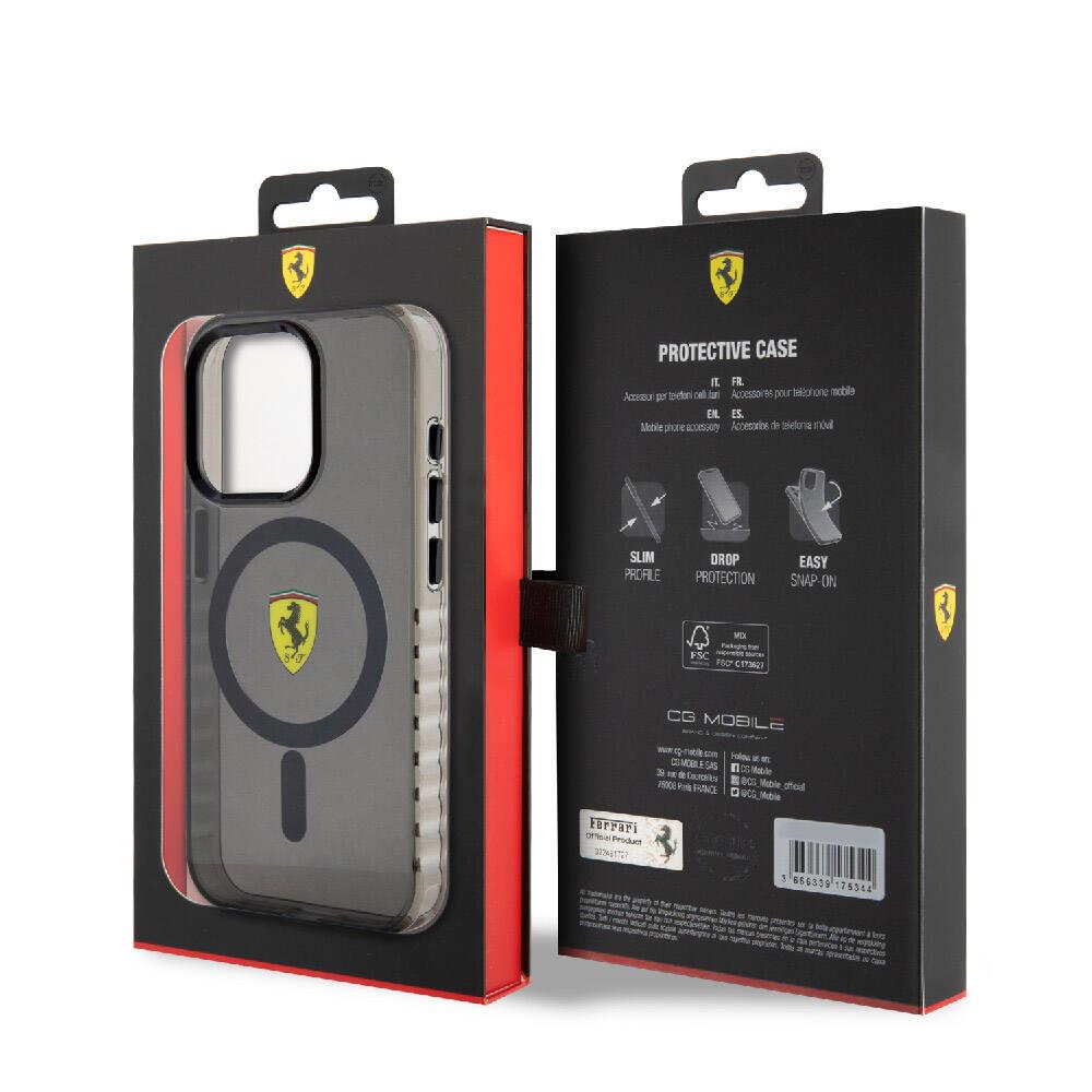 Apple iPhone 15 Pro Max Kılıf Ferrari Orjinal Lisanslı M-safe Şarj Özellikli Tırtıklı Kenar Tasarımlı Ortalanmış Logo Kapak