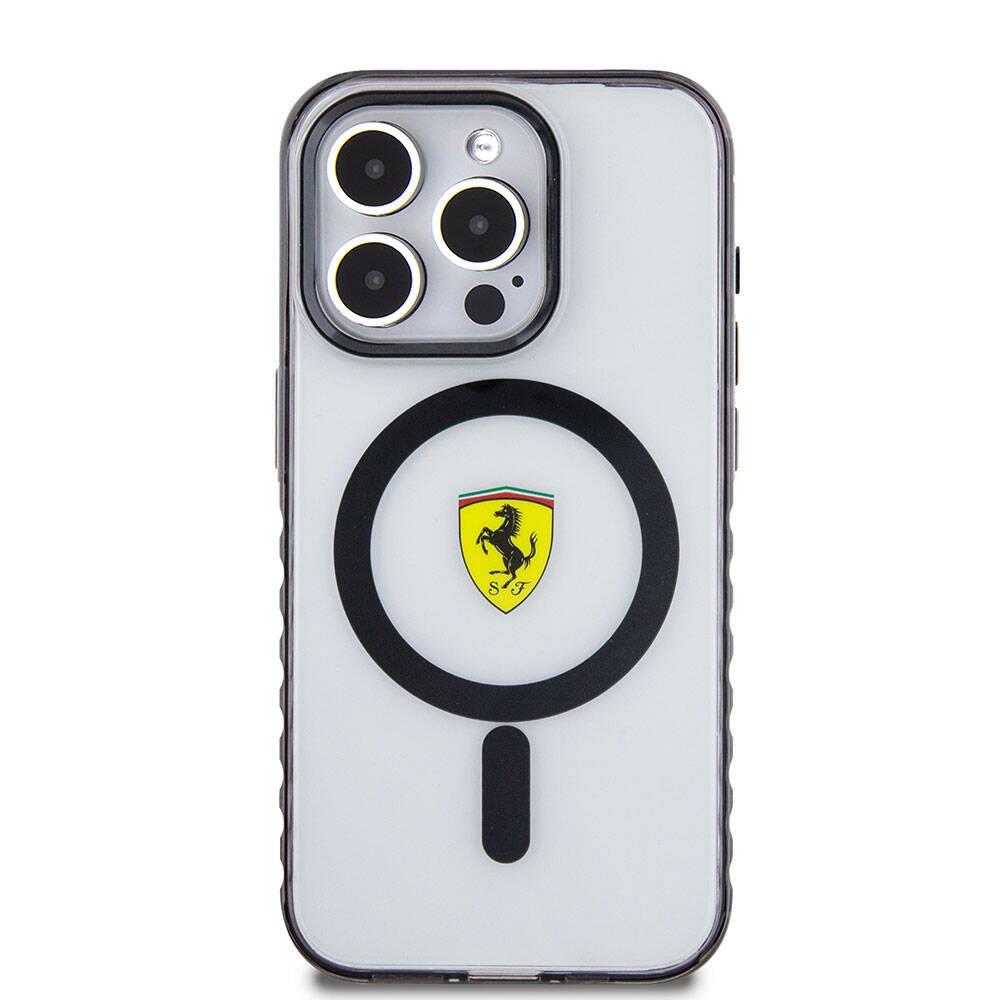 Apple iPhone 15 Pro Max Kılıf Ferrari Orjinal Lisanslı M-safe Şarj Özellikli Tırtıklı Kenar Tasarımlı Ortalanmış Logo Kapak