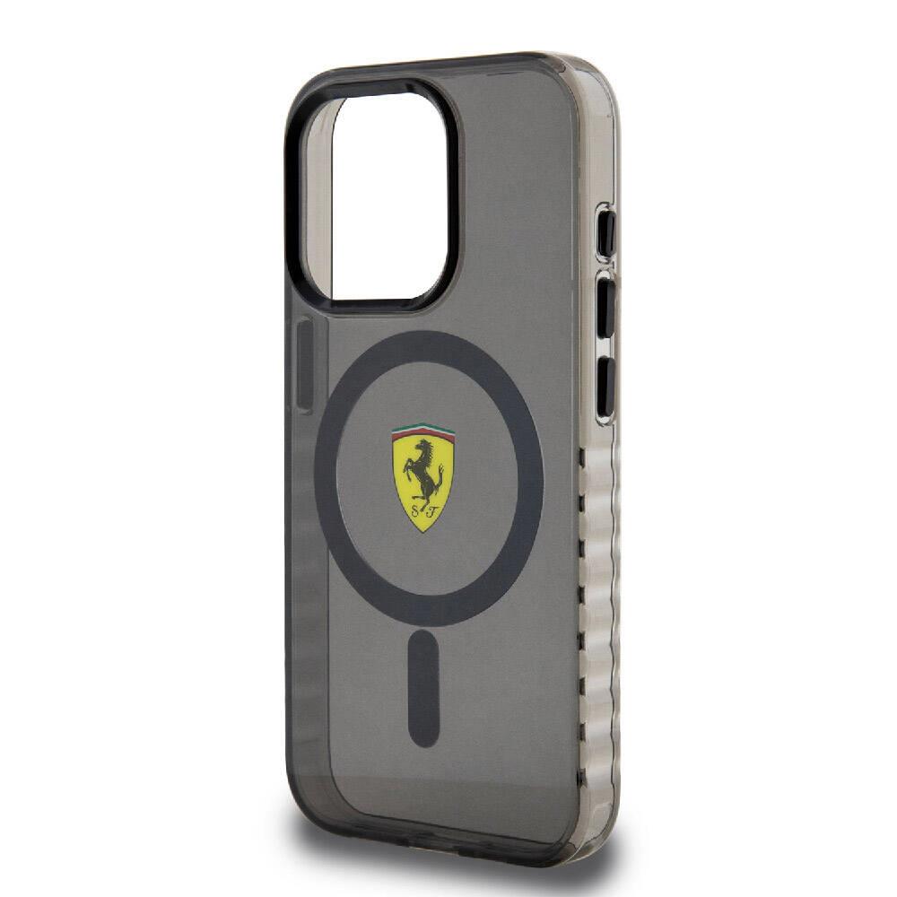 Apple iPhone 15 Pro Max Kılıf Ferrari Orjinal Lisanslı M-safe Şarj Özellikli Tırtıklı Kenar Tasarımlı Ortalanmış Logo Kapak