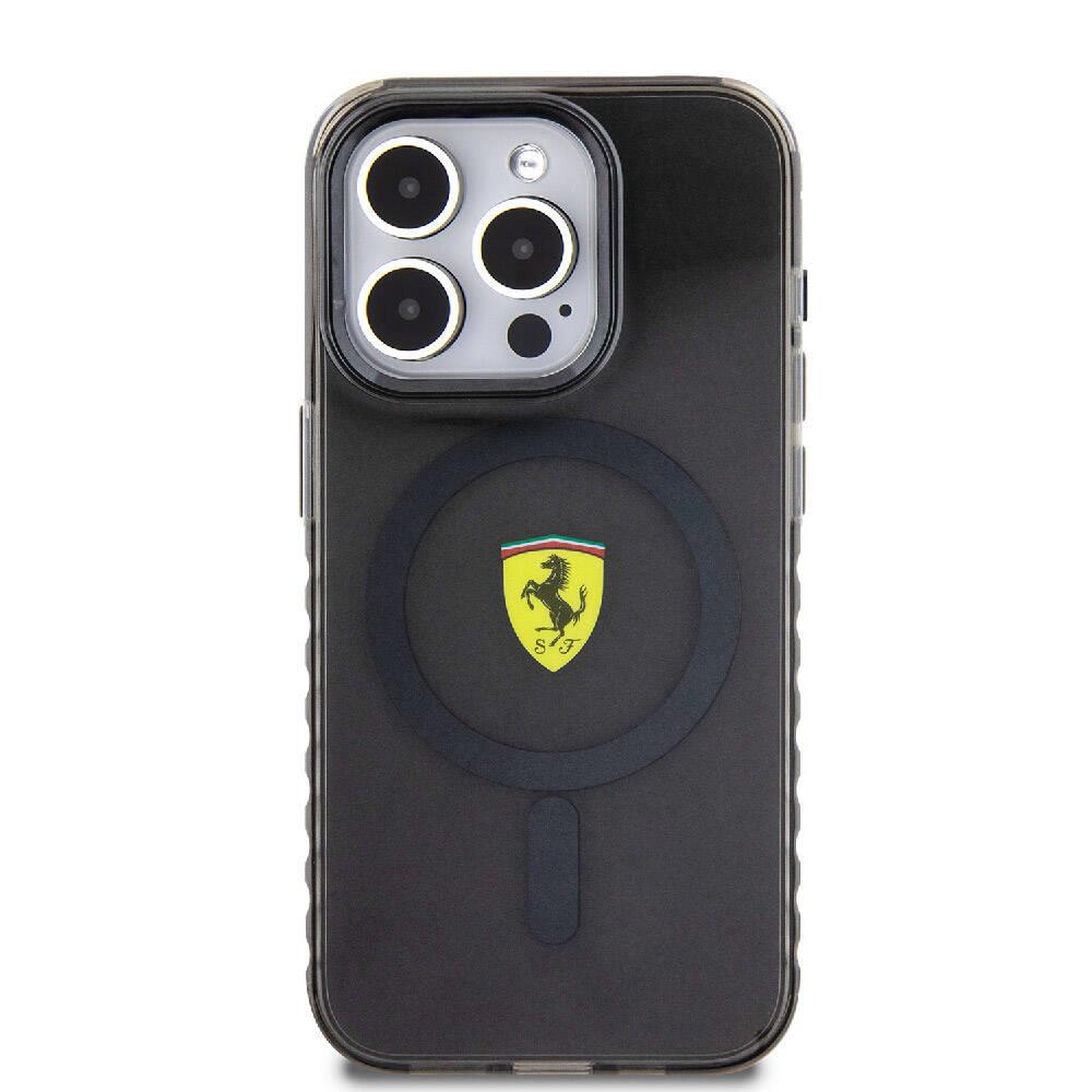 Apple iPhone 15 Pro Max Kılıf Ferrari Orjinal Lisanslı M-safe Şarj Özellikli Tırtıklı Kenar Tasarımlı Ortalanmış Logo Kapak