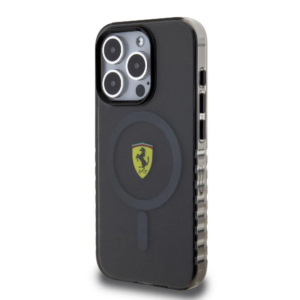 Apple iPhone 15 Pro Max Kılıf Ferrari Orjinal Lisanslı M-safe Şarj Özellikli Tırtıklı Kenar Tasarımlı Ortalanmış Logo Kapak