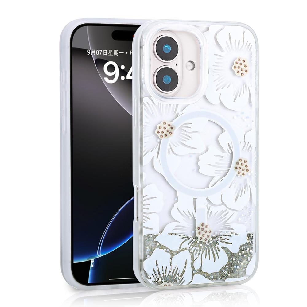 Apple iPhone 16 Kılıf Sıvılı Simli Baskılı Şeffaf Arka Yüzey Zore Mossa Silikon Kapak