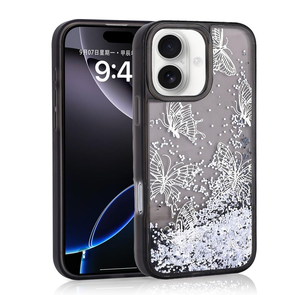 Apple iPhone 16 Kılıf Sıvılı Simli Kelebek Baskılı Şeffaf Arka Yüzey Zore Glis Silikon Kapak