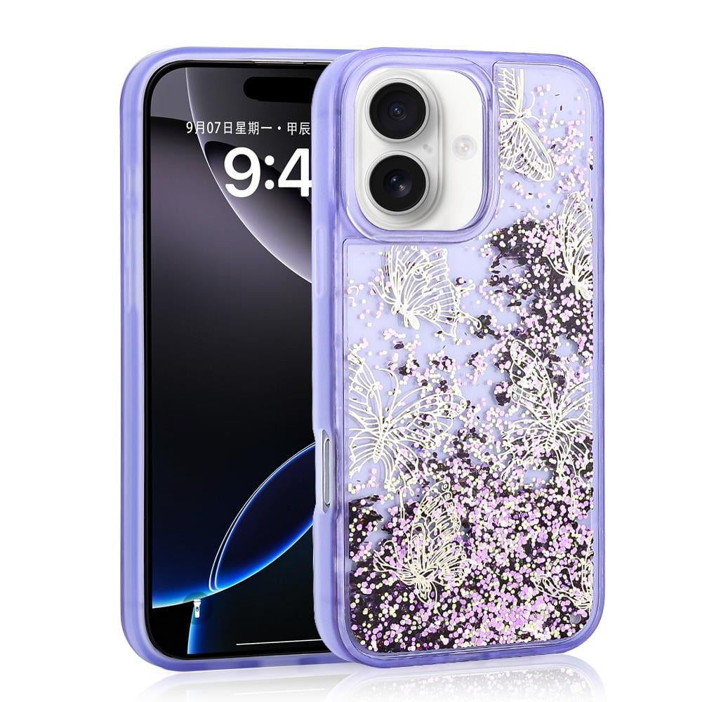 Apple iPhone 16 Kılıf Sıvılı Simli Kelebek Baskılı Şeffaf Arka Yüzey Zore Glis Silikon Kapak