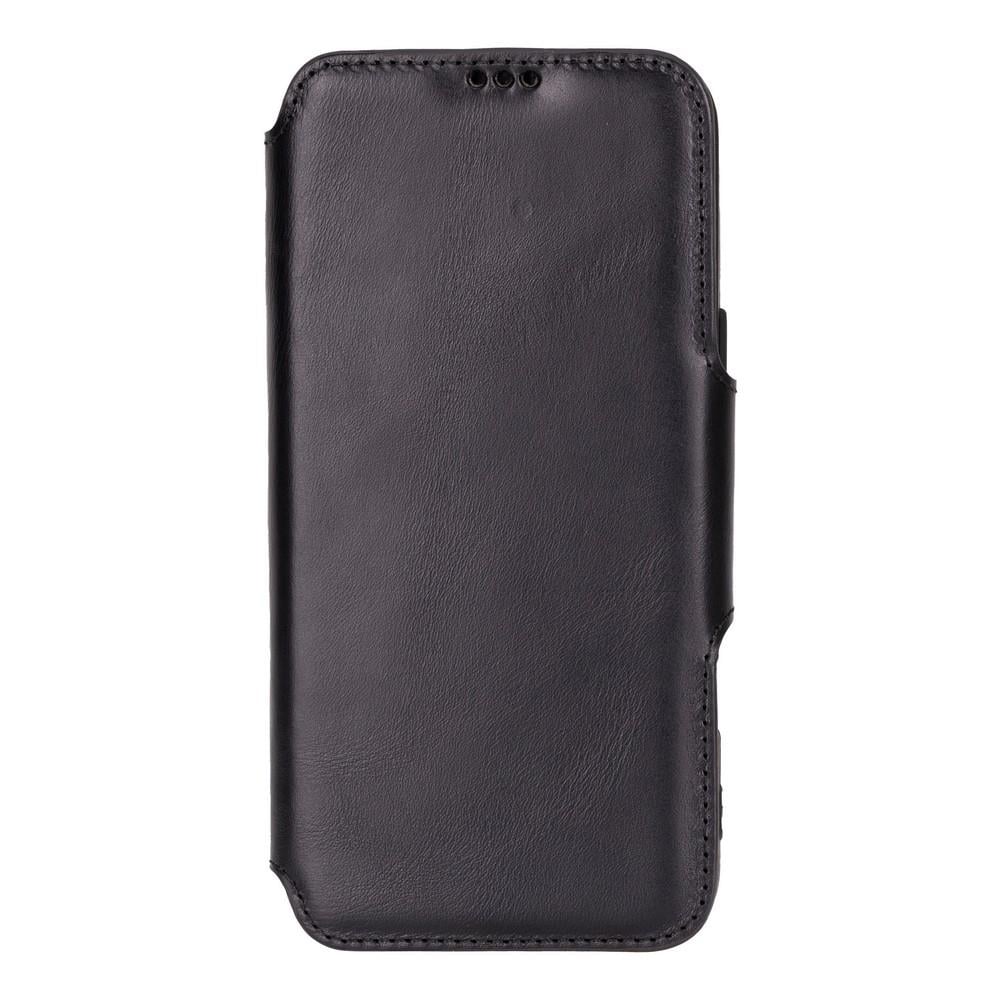 Apple iPhone 16 Pro Max uyumlu, Hakiki Deri, El Yapımı, Cüzdanlı Kılıf, Parlak Siyah